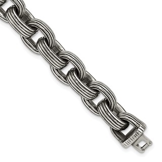 Chisel Stainless Steel Antiqued and Polished 8.5 inch Grooved Link Bracelet