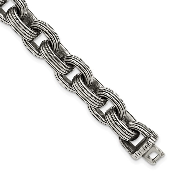 Chisel Stainless Steel Antiqued and Polished 8.5 inch Grooved Link Bracelet