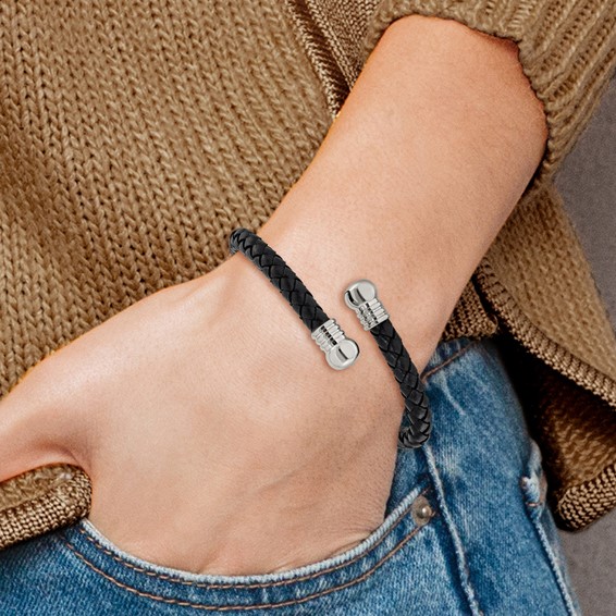 Stainless Steel Black Leather Flexible Cuff Bangle