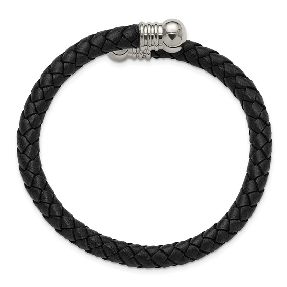 Stainless Steel Black Leather Flexible Cuff Bangle