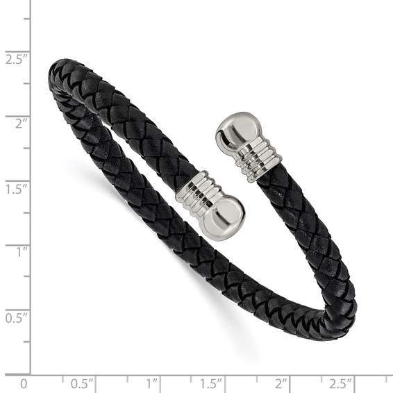 Stainless Steel Black Leather Flexible Cuff Bangle