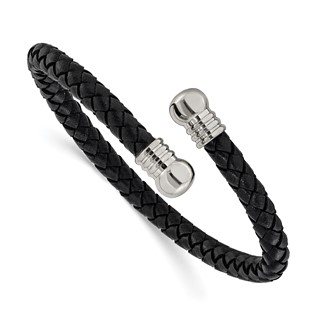 Stainless Steel Black Leather Flexible Cuff Bangle