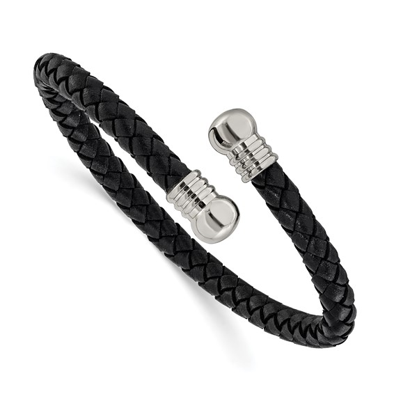 Stainless Steel Black Leather Flexible Cuff Bangle