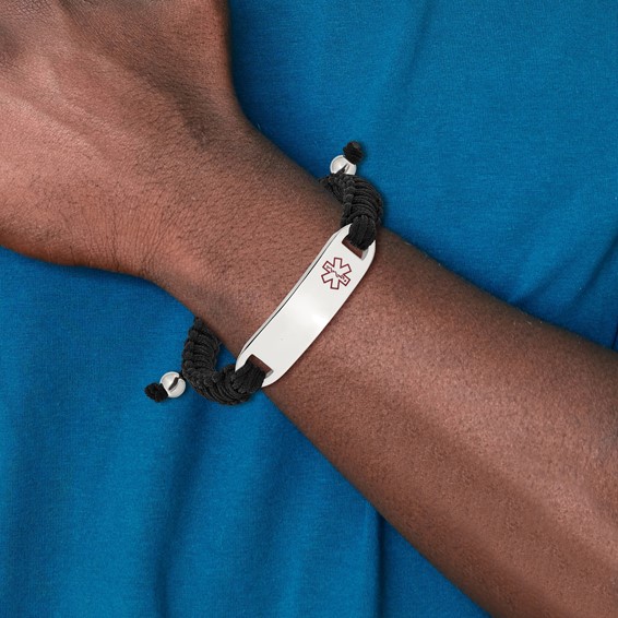 Chisel Stainless Steel Polished and Red Enamel Black Nylon 7.5 inch to 10.5 inch Adjustable Medical ID Bracelet