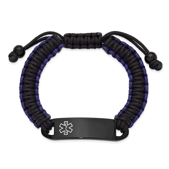 Chisel Stainless Steel Polished Black IP-plated and White Enamel Black and Blue Nylon 7.5 inch to 10.5 inch Adjustable Medical ID Bracelet