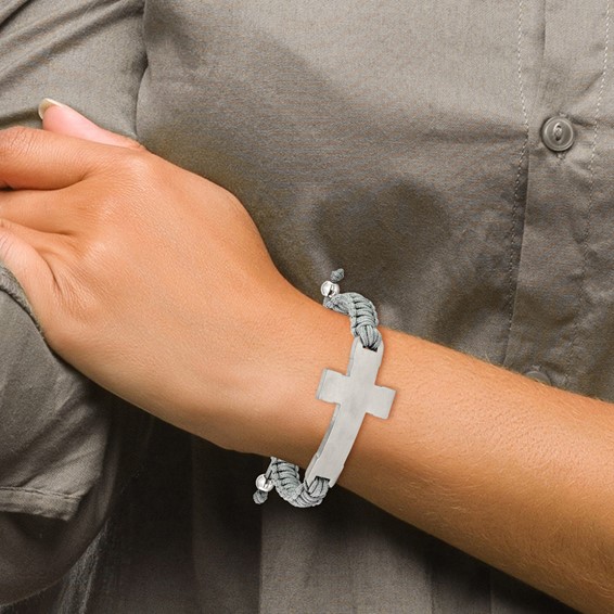 Chisel Stainless Steel Brushed and Polished Cross Grey Nylon 7.5 inch to 10.5 inch Adjustable Bracelet