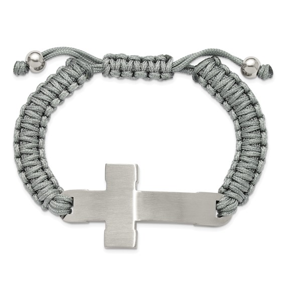 Chisel Stainless Steel Brushed and Polished Cross Grey Nylon 7.5 inch to 10.5 inch Adjustable Bracelet