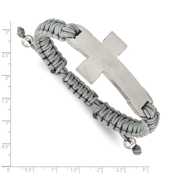 Chisel Stainless Steel Brushed and Polished Cross Grey Nylon 7.5 inch to 10.5 inch Adjustable Bracelet