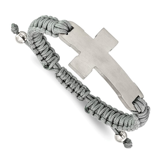 Chisel Stainless Steel Brushed and Polished Cross Grey Nylon 7.5 inch to 10.5 inch Adjustable Bracelet
