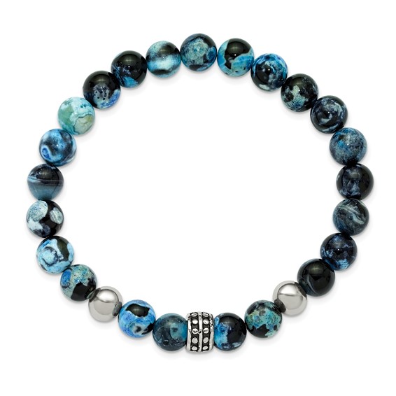 Chisel Stainless Steel Antiqued and Polished 8mm Black and Blue Apatite Beaded 7.25 inch Stretch Bracelet