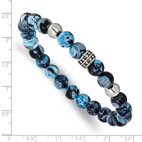 Chisel Stainless Steel Antiqued and Polished 8mm Black and Blue Apatite Beaded 7.25 inch Stretch Bracelet