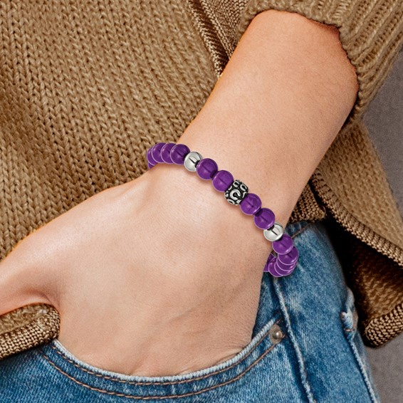 Chisel Stainless Steel Antiqued and Polished 8mm Purple Stone Beaded 7 inch Stretch Bracelet