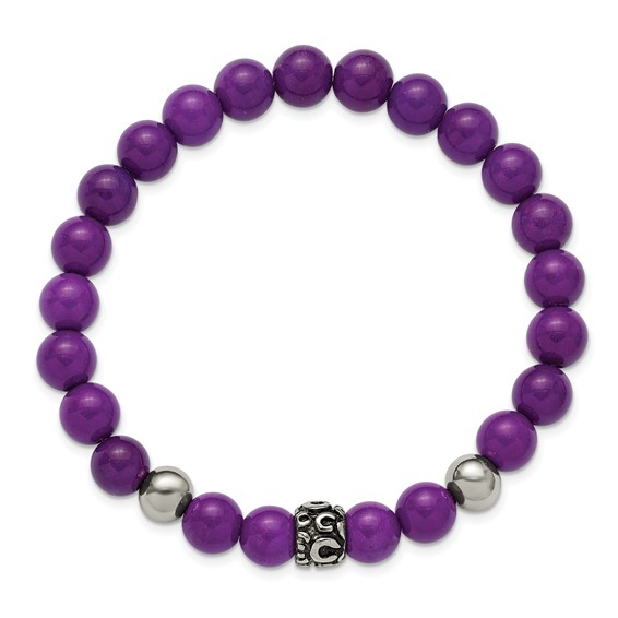 Chisel Stainless Steel Antiqued and Polished 8mm Purple Stone Beaded 7 inch Stretch Bracelet