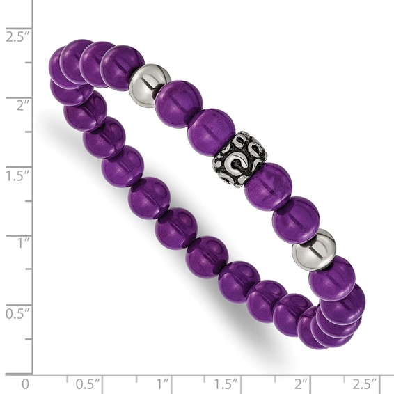 Chisel Stainless Steel Antiqued and Polished 8mm Purple Stone Beaded 7 inch Stretch Bracelet