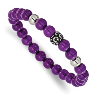 Chisel Stainless Steel Antiqued and Polished 8mm Purple Stone Beaded 7 inch Stretch Bracelet