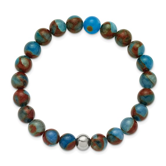 Chisel Stainless Steel Polished 8.5mm Blue and Gold Stone Beaded 6.5 inch Stretch Bracelet