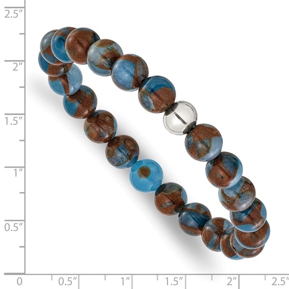 Chisel Stainless Steel Polished 8.5mm Blue and Gold Stone Beaded 6.5 inch Stretch Bracelet