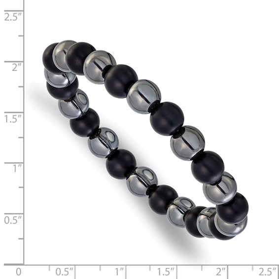 Chisel Stainless Steel Polished 8-8.25mm Agate and Hematite Beaded 6.25 inch Stretch Bracelet