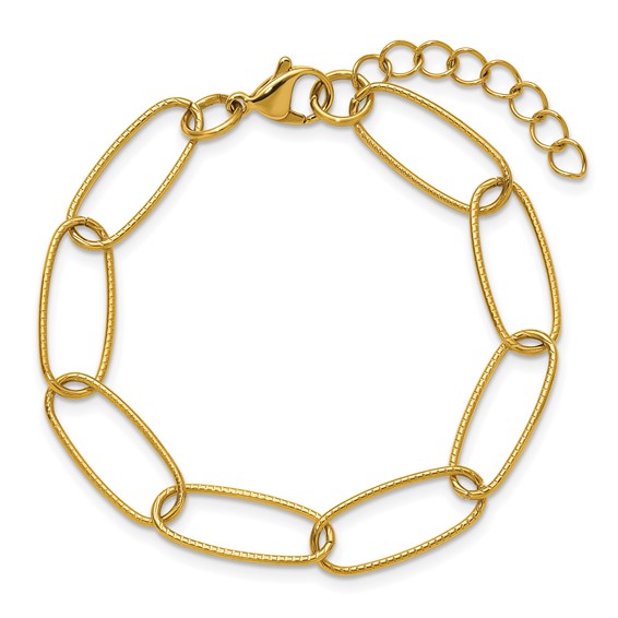 Chisel Stainless Steel Polished Textured Yellow IP-plated Open Link 6.5 inch Plus a 1 inch Extension Bracelet