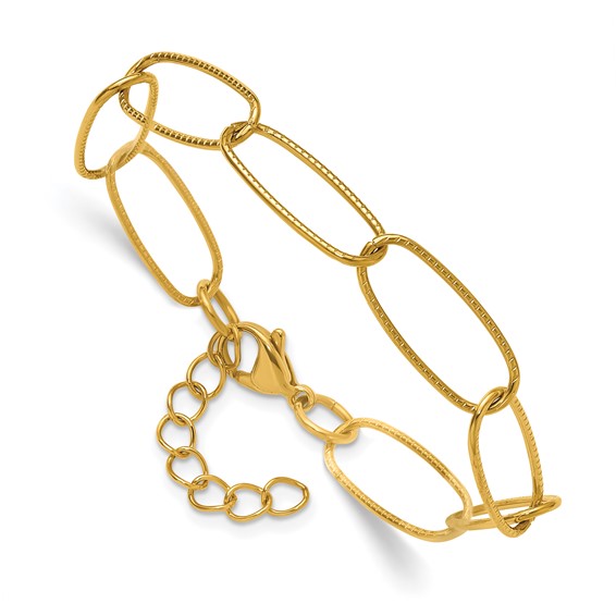 Chisel Stainless Steel Polished Textured Yellow IP-plated Open Link 6.5 inch Plus a 1 inch Extension Bracelet