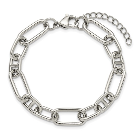 Chisel Stainless Steel Polished 9mm 6.5 inch Plus 1.25 inch 9mm Open Link Bracelet