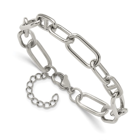 Chisel Stainless Steel Polished 9mm 6.5 inch Plus 1.25 inch 9mm Open Link Bracelet