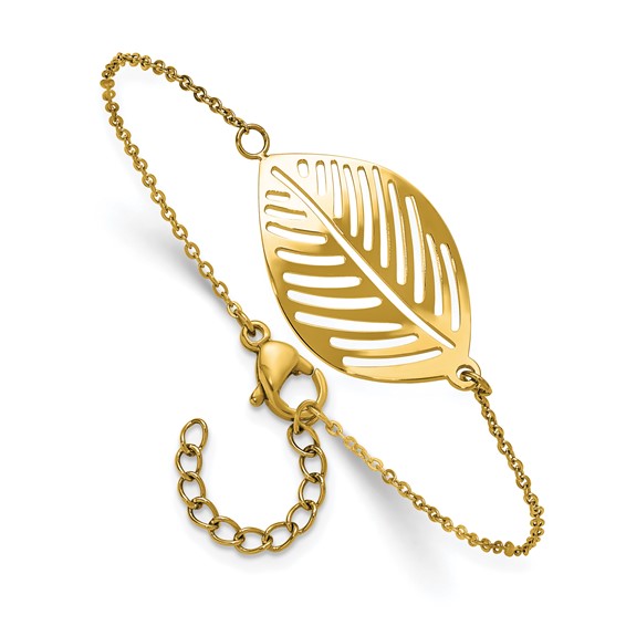 Chisel Stainless Steel Polished Yellow IP-plated Leaf 7.25 inch Plus 1.25 inch Extension Cable Chain Bracelet