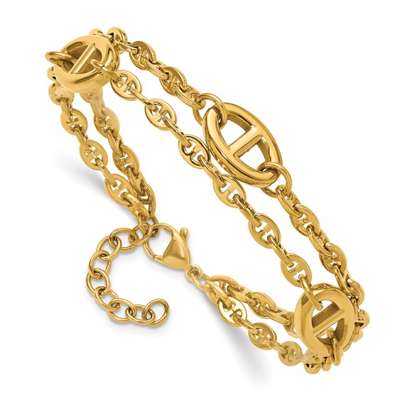 Chisel Stainless Steel Polished Yellow IP-plated Two-Strand Anchor Link 7 inch Plus a 1.25 inch Extension Bracelet