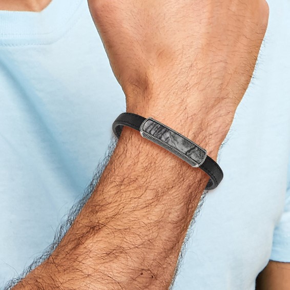 Chisel Stainless Steel Polished Black Oxidized Picasso Jasper Black Leather 8 inch Bracelet