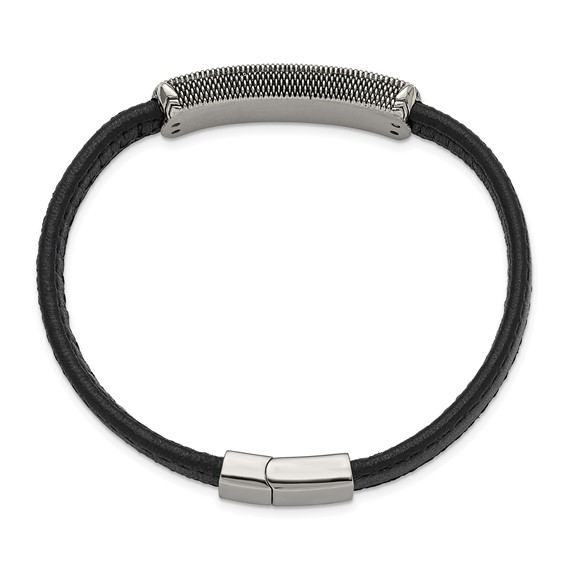 Chisel Stainless Steel Polished Black Oxidized Picasso Jasper Black Leather 8 inch Bracelet