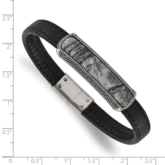 Chisel Stainless Steel Polished Black Oxidized Picasso Jasper Black Leather 8 inch Bracelet