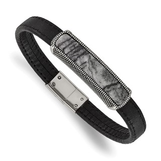 Chisel Stainless Steel Polished Black Oxidized Picasso Jasper Black Leather 8 inch Bracelet
