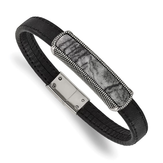 Chisel Stainless Steel Polished Black Oxidized Picasso Jasper Black Leather 8 inch Bracelet