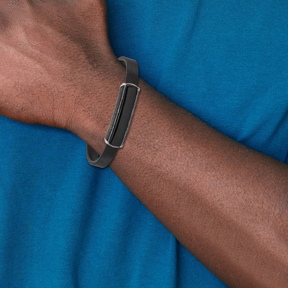 Chisel Stainless Steel Antiqued and Polished Black Agate Black Leather 8.25 inch Bracelet