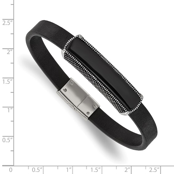 Chisel Stainless Steel Antiqued and Polished Black Agate Black Leather 8.25 inch Bracelet