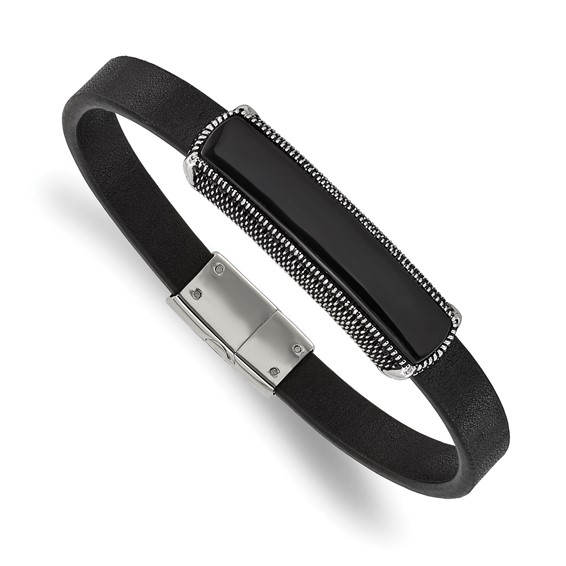 Chisel Stainless Steel Antiqued and Polished Black Agate Black Leather 8.25 inch Bracelet