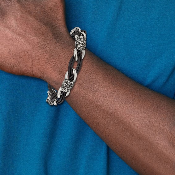 Chisel Stainless Steel Antiqued and Polished Lion Head Dark Brown Leather 8.5 inch Bracelet