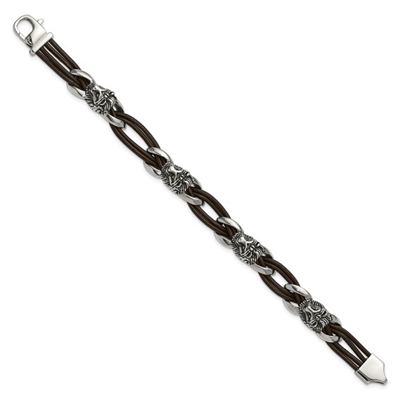 Chisel Stainless Steel Antiqued and Polished Lion Head Dark Brown Leather 8.5 inch Bracelet