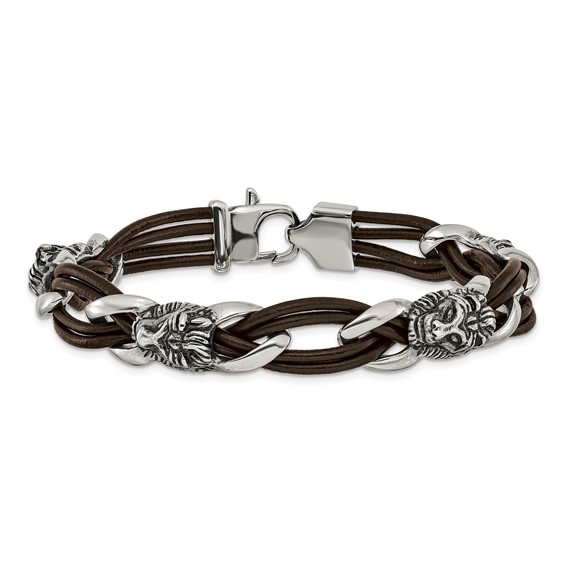 Chisel Stainless Steel Antiqued and Polished Lion Head Dark Brown Leather 8.5 inch Bracelet
