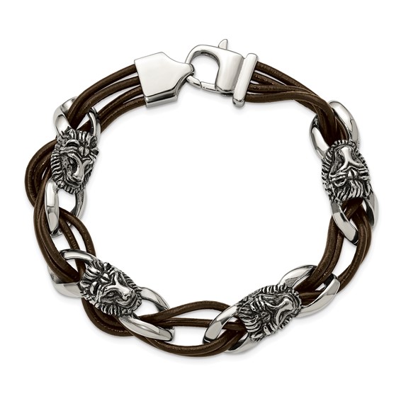 Chisel Stainless Steel Antiqued and Polished Lion Head Dark Brown Leather 8.5 inch Bracelet