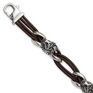 Chisel Stainless Steel Antiqued and Polished Lion Head Dark Brown Leather 8.5 inch Bracelet