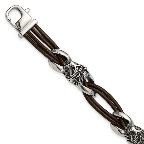 Chisel Stainless Steel Antiqued and Polished Lion Head Dark Brown Leather 8.5 inch Bracelet