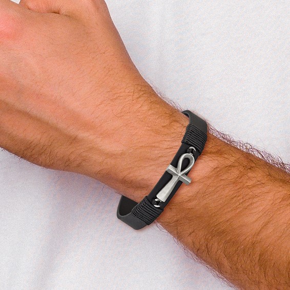 Chisel Stainless Steel Antiqued and Brushed Ankh Cross Black Leather 8.5 inch Bracelet