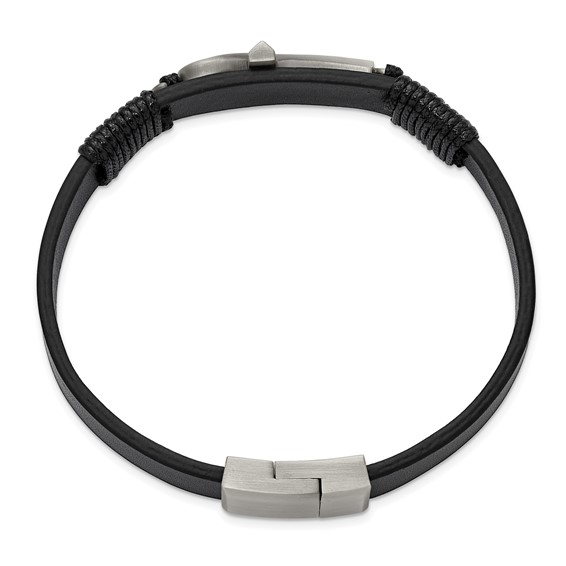 Chisel Stainless Steel Antiqued and Brushed Ankh Cross Black Leather 8.5 inch Bracelet