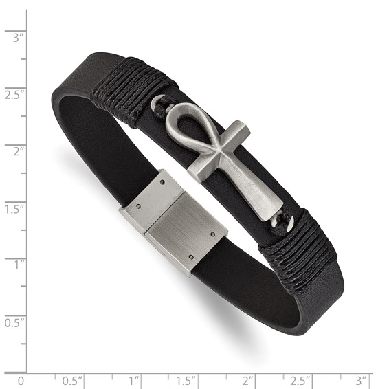 Chisel Stainless Steel Antiqued and Brushed Ankh Cross Black Leather 8.5 inch Bracelet