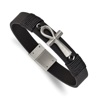Chisel Stainless Steel Antiqued and Brushed Ankh Cross Black Leather 8.5 inch Bracelet