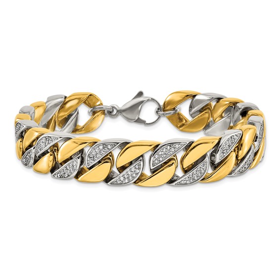 Chisel Stainless Steel Polished Yellow IP-plated with CZ 14mm 9 inch Curb Link Bracelet