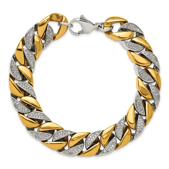 Chisel Stainless Steel Polished Yellow IP-plated with CZ 14mm 9 inch Curb Link Bracelet