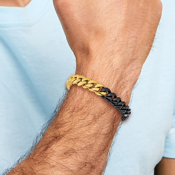 Chisel Stainless Steel Polished Black and Yellow IP-plated 12mm 8.25 inch Curb Link Bracelet