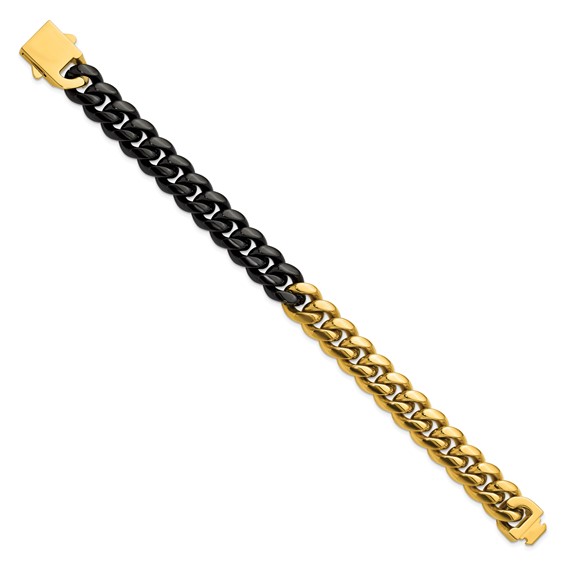 Chisel Stainless Steel Polished Black and Yellow IP-plated 12mm 8.25 inch Curb Link Bracelet